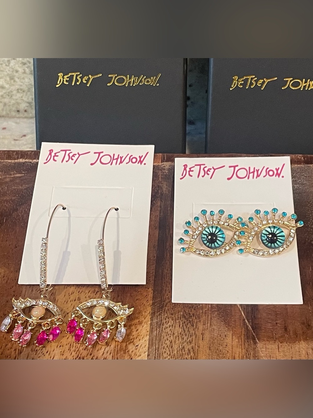 Betsey Johnson Earrings. Pink & Magenta Dangles, Blue Evil eye - $20 each boxed